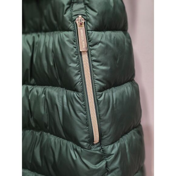 Michael Kors Green Longline Belted Puffer Coat Removable Faux Fur Collar Size M - Picture 8 of 16